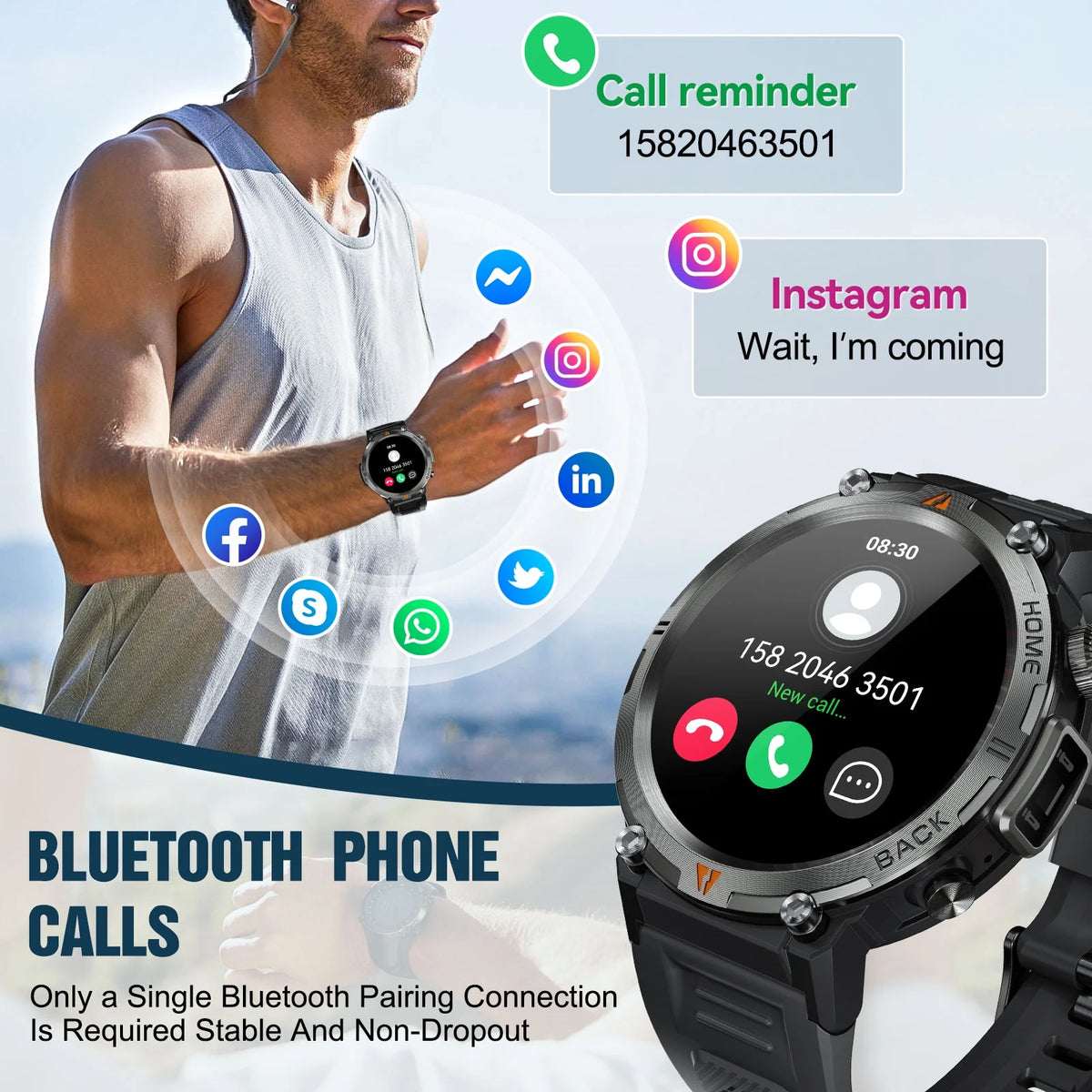 Reloj inteligente Bluetooth de diseño robusto (pantalla de 1,45") con correa deportiva de poliuretano negro
