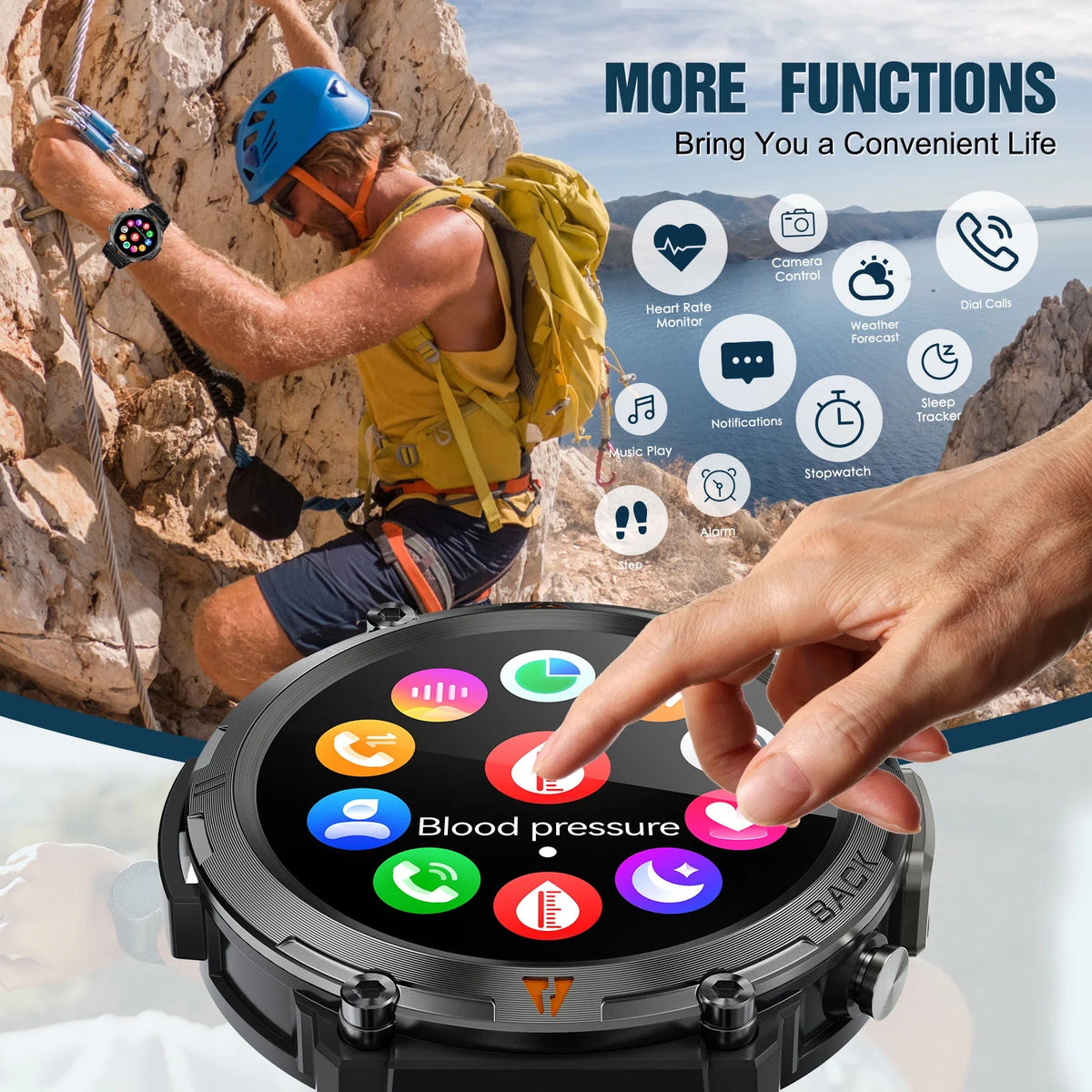 Reloj inteligente Bluetooth de diseño robusto (pantalla de 1,45") con correa deportiva de poliuretano negro