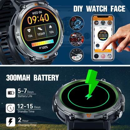 Reloj inteligente Bluetooth de diseño robusto (pantalla de 1,45") con correa deportiva de poliuretano negro