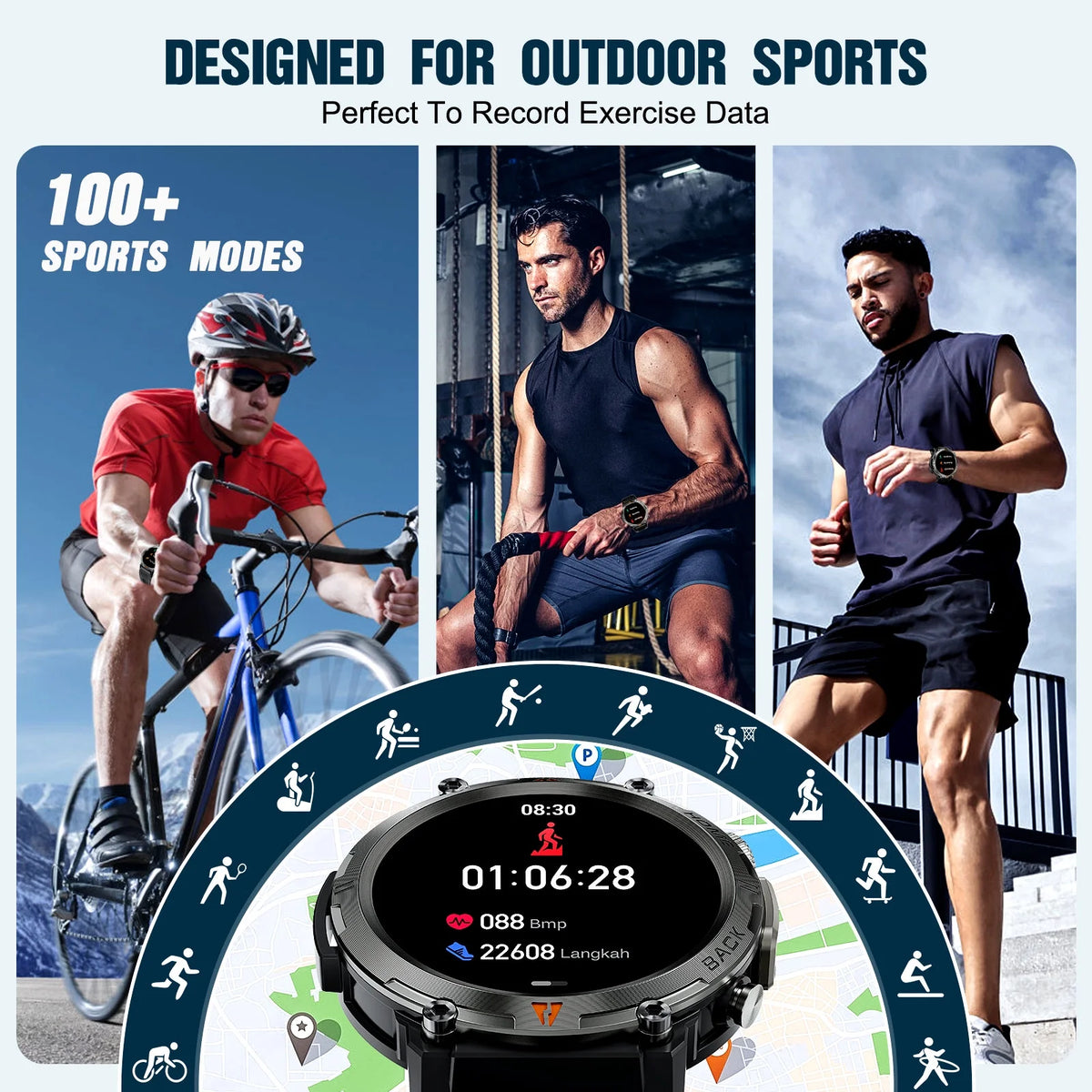 Reloj inteligente Bluetooth de diseño robusto (pantalla de 1,45") con correa deportiva de poliuretano negro
