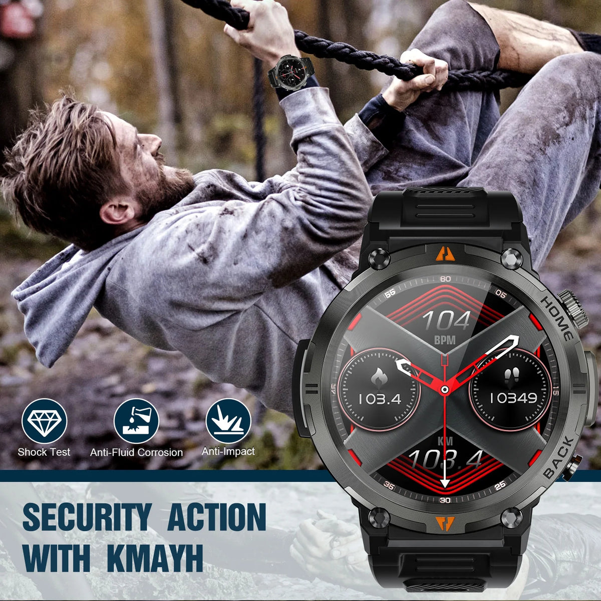 Reloj inteligente Bluetooth de diseño robusto (pantalla de 1,45") con correa deportiva de poliuretano negro